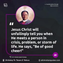Famous & Popular Quote about cheer, Cheer Up, crises, Jesus Christ, life, storm, You: "Jesus Christ will unfailingly tell you when He meets a person in crisis, problem, or storm of life. He says, “Be of good cheer!”"